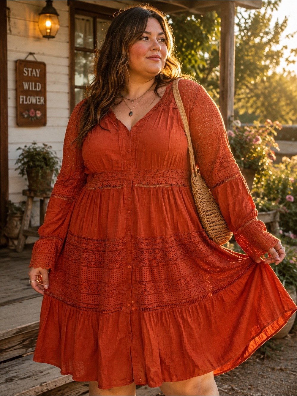 Rust Lace-Trim Button-Front Sundress - Women